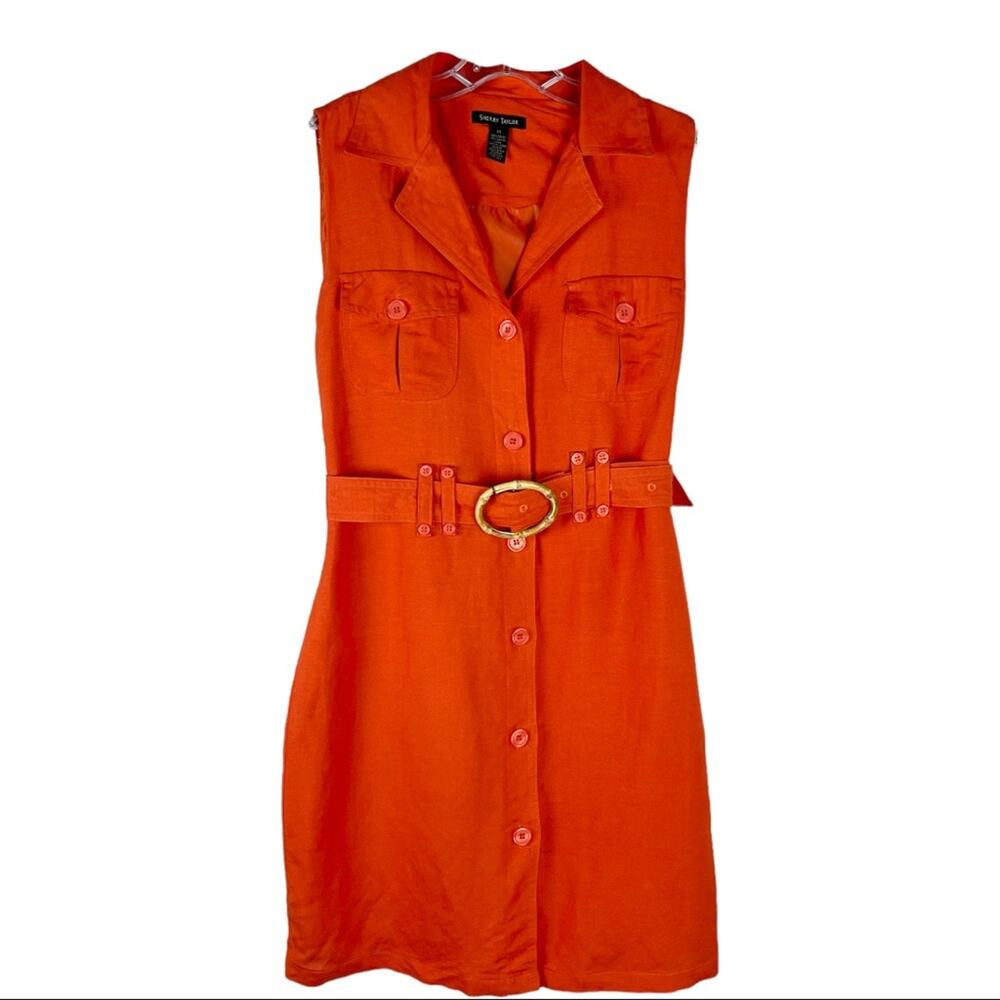 Sherry Taylor orange linen button front belted preppy coastal midi dress medium